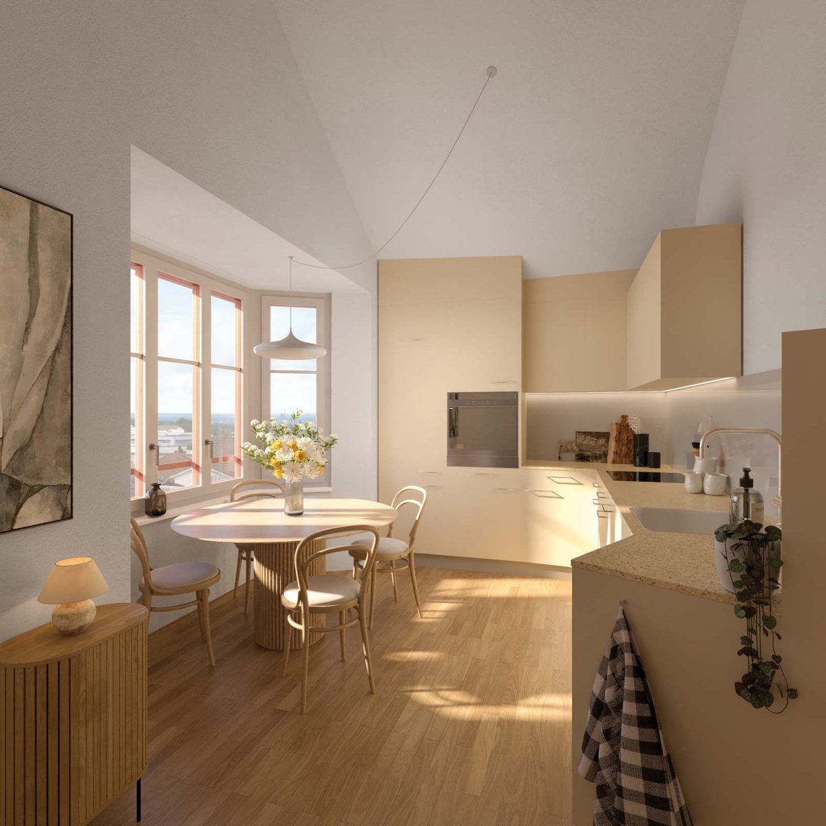 Wohnung F-II / 202 mit extra hoher Decke, hellen, lichten Farben und einem charmanten Fenster-Erker.