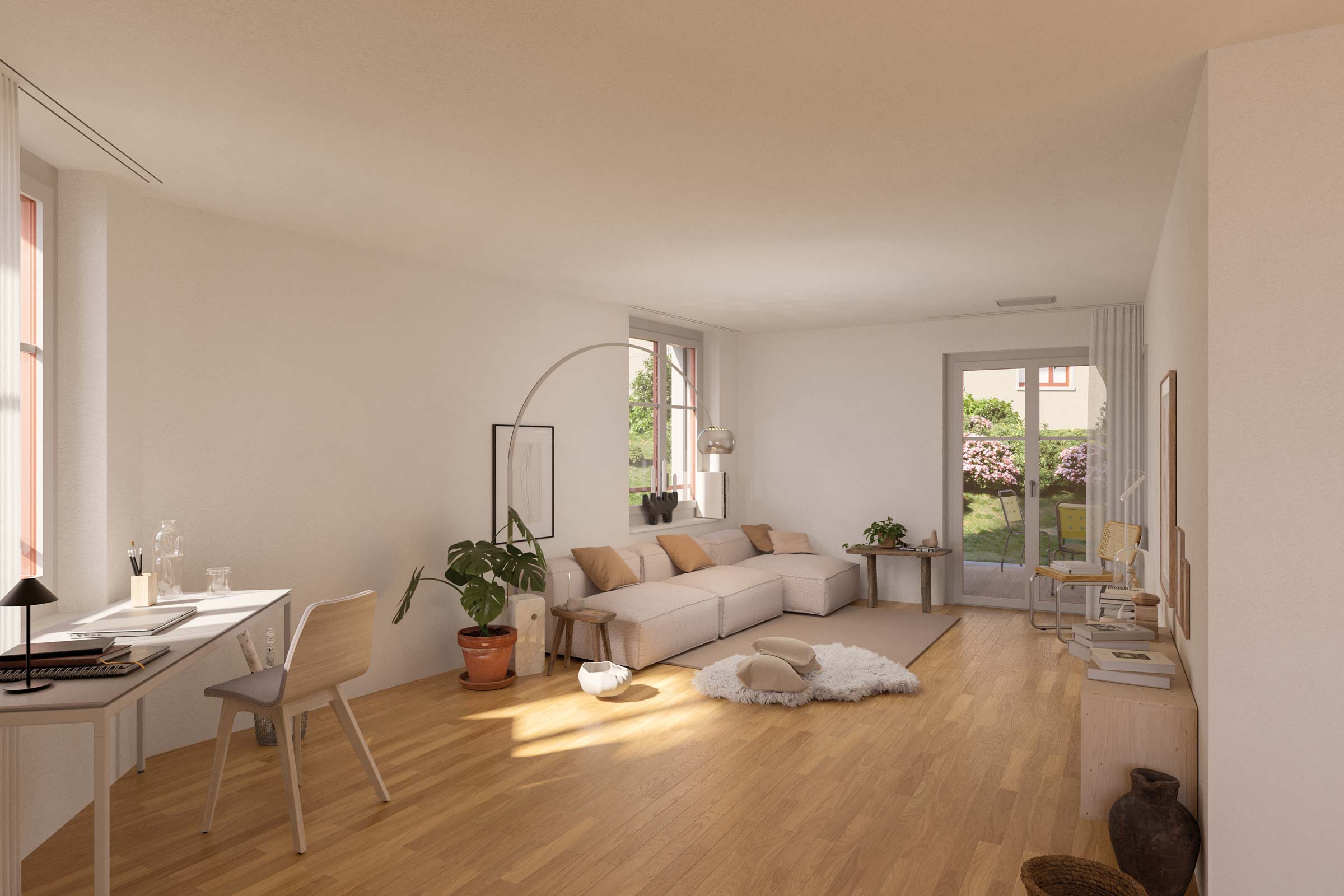 Wohnung F-I / 1 mit Blick zum Innenhofgarten. Durchdachtes Design: Free Cooling unter dem Eichenparkett. Harmonische Raumwinkel. Helle Wohnräume.